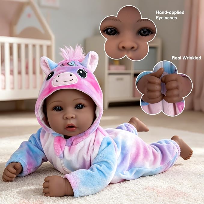 Aori 17 Inch Black Lifelike Baby Dolls Realistic Black Girl Doll with Soft Lightweight Body, Colorful Pony Outfit & Feeding Accessories, for Girls Age 3+