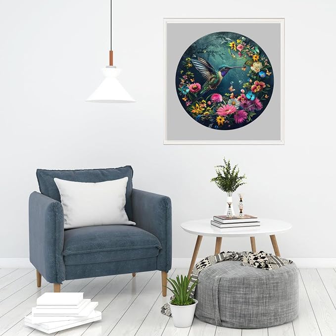 Mys Aurora Wooden Puzzles for Adults, Hummingbird Jigsaw Puzzles 200 Pieces, Unique Shaped Round Flower Puzzles for Adults and Kids, Family Game 11.2 x 11.2 Inch Medium Size