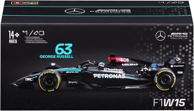 Bburago 1:43 Scale 2024 Formula Race Mercedes W15 Diecast Vehicle with Helmet, Russell #63