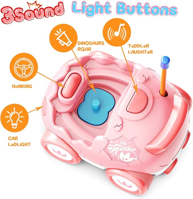 Kidz do 2 Pack Pink Dinosaur Remote Control Car Toys, Christmas Birthday Gifts for Boys Girls 2 3 4 Years Old, Dino RC Car with Music and Light, Toddlers Toys for Kids 2-4 Year Old,(Pink Blue)