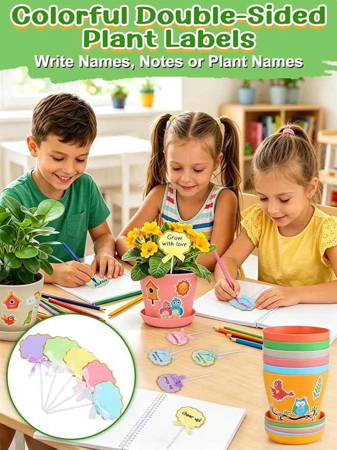 Cosweet 12 Pack Durable Resin Garden Pot Craft Kit for Kids | Colorful Flower Plant Crafts with Trays, Stickers & Blank Labels, Art Activities for Classroom School Home DIY Gifts 4+ years