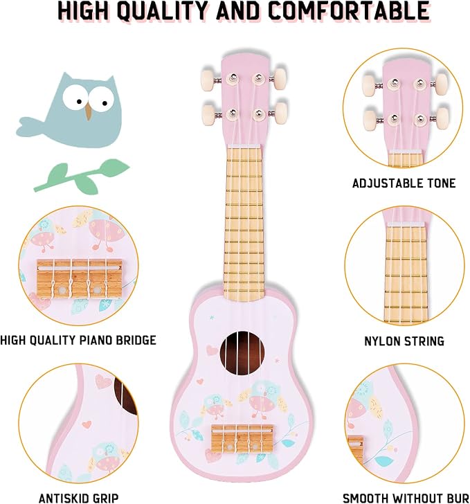 Kids Guitar for Girls, Wooden Musical Instruments Toys with Ukulele, Tambourine, Maracas, Harmonica, Mini Band Sets for Toddlers 2 3 Years Old Birthday Gift (Pink for Girls)