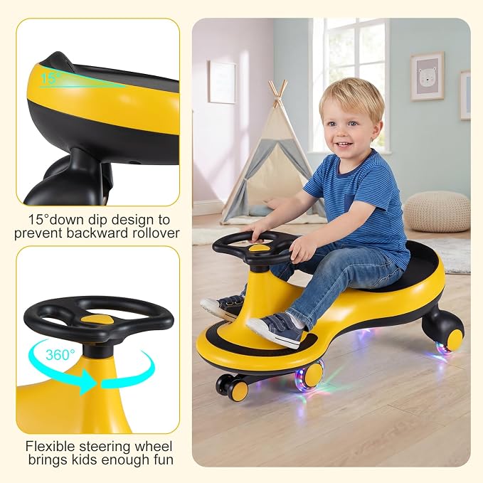 BABY JOY Wiggle Car for Kids, Swing Car with LED Flashing Wheels, No Batteries, Gears or Pedals, Uses Twist, Turn, Wiggle Movement to Steer, Ride-on Toy for Boys Girls 3 Year Old and Up (Yellow)