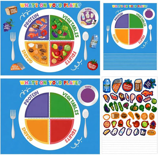 Cinrobiye 24 Set My Plate Food Stickers Preschool Vegetables Fruit Protein Grains Food Diary Early Learning Play Kit My Plate Food Chart Stories Games for Home School Classroom Supplies (Square)