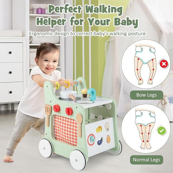 HOMGX Baby Push Walker with Wheels, 6-in-1 Wooden Montessori Toys, Toddler Learning Walker Activity Center, Pretend Kitchen Playset with Shape Sorter, Tool Toy for Kids Boys Girls Ages 12M+
