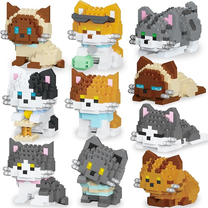 10 Packs Mini Building Blocks Cats Set, Cat Building Kit Party Favors Toy, Interlocking Bricks, DIY Animal Figure Creative Birthday Gifts