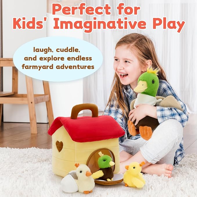 MaoGoLan 6pcs Duck Stuffed Animal, 14 Inch Large Mommy Stuffed Mallard Duck Plush with 3 Baby Ducklings & Eggshell & Duck House, Cute Realistic Stuffed Animal, Gift for Kids Boys Girls