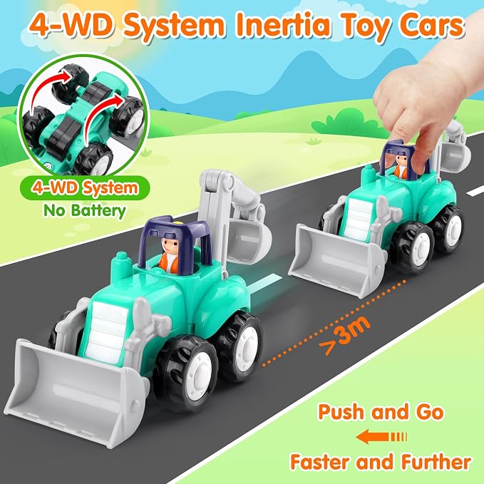 ORWINE Inertia Trucks Toy Cars, Early Educational Baby Boy Toys 18 Months, Push and Go Cars Gifts for Boys & Grils, 4PCS Construction Vehicles for Toddler Outdoor & Indoor