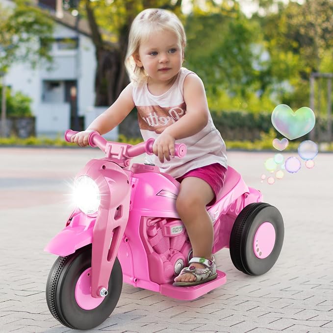 Costzon Kids Motorcycle, 6V Battery Powered Ride on Motorcycle with Bubble Maker, Music, LED Headlight, Forward & Backward, 3 Wheels Electric Motorcycle for Kids, Gift for Boys & Girls (Pink)