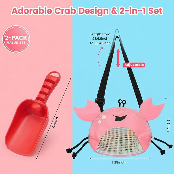 AMOR PRESENT Mesh Baby Beach Bag, Shell Collecting Bag with Shovel Crab-Shaped Adjustable Strap for Holding Shell Sea Pool Sand Toy, Pink