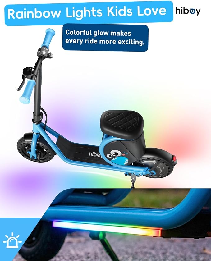 Hiboy JoyHaul Electric Scooter for Kids Ages 4-9, with Seat, UL 2272 Certified, 100W Motor, 5 Miles Range, 9.3 MPH, LED Lights, Under-Seat Storage & Front Brake