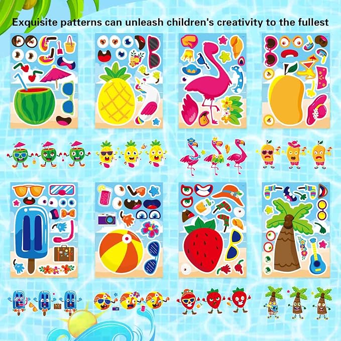 24 Sheets Summer Make a Face Sticker Hawaii Tropical Pool Beach Stickers for Kids, Make Your Own Watermelon Pineapple Flamingo Stickers, Summer Holiday Party Favors