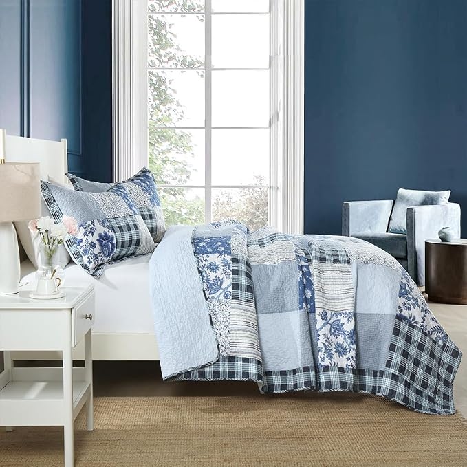 Cotton Bedspread Quilt Bedding Sets 3 Pieces Reversible Coverlet Sets Comforters Rustic Floral Patchwork Blue White Bedspread, King Size
