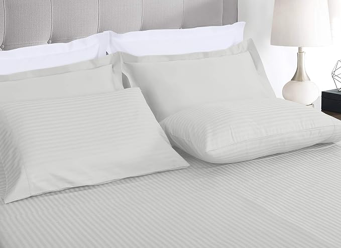 Threadmill 3-Piece Bed Linen Set, Twin XL, 600 Thread Count, 100% Cotton, Light Grey Damask Stripe, Sateen Weave, Deep Pocket, Cooling Effect