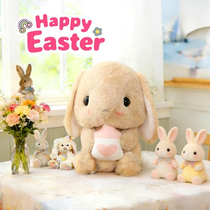 HOUPU Soft Toy - Sitting Lop Eared Rabbit, Easter White Rabbit Stuffed Bunny Animal with Carrot Soft Lovely Realistic Long-Eared Standing Pink Plush Toys (Brown-Milk Bottle,16.9in/43cm)