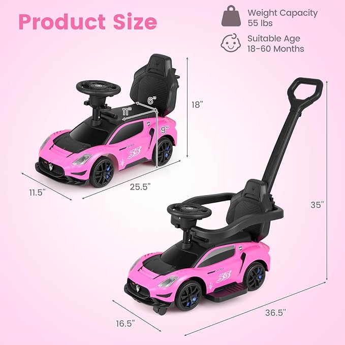 OLAKIDS Push Car for Toddlers, Licensed Maserati 3 in 1 Baby Ride on Sliding with Parent Control Handle, Universal Wheels Safe Guardrails Under Seat Storage, Kids Walking Toy with Music Horn (Pink)
