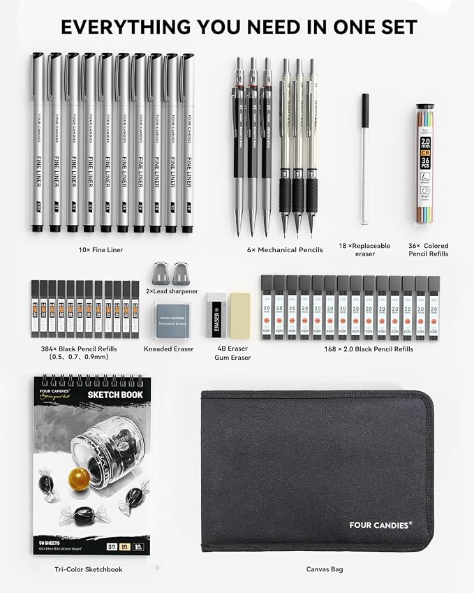 Four Candies 52pcs Art Supplies Sketching & Drawing Kit with 10 Micron Fineliner Pens, 6 Drafting Mechanical Pencils,3-Color Sketchbook,27 Lead Refills,School Supplies Gifts for Beginners Adults Teens