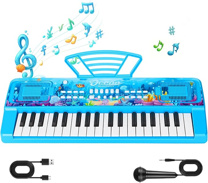 Upgraded 37 Keys Kids Piano Keyboard with Microphone Music Stand – Portable Musical Toys for Toddlers Ages 3 4 5 6 Boys Girls Birthday Gift - Blue
