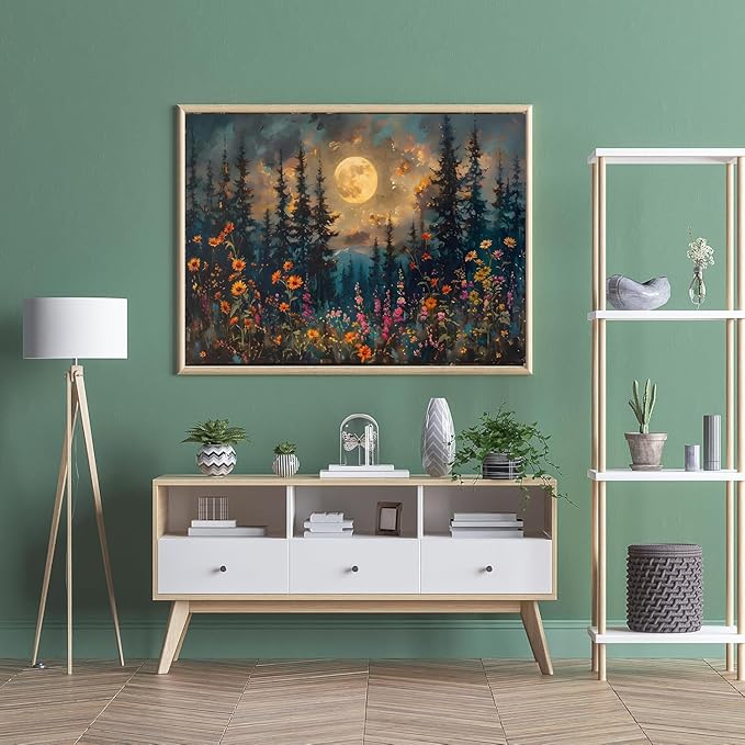 Paint by Numbers for Adults and Kids Beginner, Moonlit Tree Mountains Wildflowers Painting by Number Kits On Canvas Number Artist Paint by Number Kit Oil Painting Acrylic Paints Home Wall Decor Gift