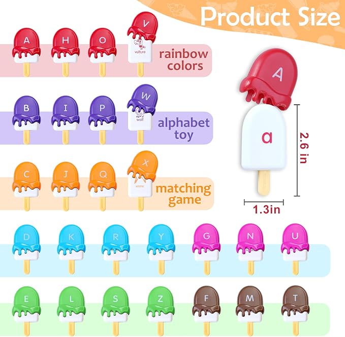 USATDD ABC Alphabet Learning Toys Alphabet Popsicles Animal Matching Toy Uppercase Lowercase Preschool Learning Activities Montessori Toys Gifts for Kids Toddlers, 52 Pcs