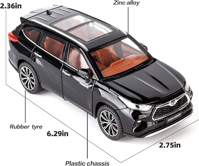 BDTCTK 1/24 Highlander Model Car, Zinc Alloy Pull Back Toy car with Sound and Light for Kids Boy Girl Gift(Black)