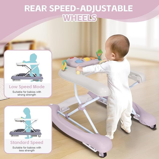 Foldable Baby 5-in-1 Activity Walker - Rocker, Activity Center, Bouncer, Seat Walker, Push Walker - Adjustable Speed Rear Wheels and Height Toys Ages 6-18 Months… (Purple)
