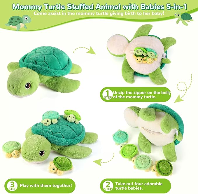 gnomantic Turtle Stuffed Animals with Babies Inside, Mommy Toy for Kids | 5-Piece set: 1 mommy turtle + 4 baby turtles inside. Unzip belly to reveal surprise babies. Ultra-soft, ages 3-8.