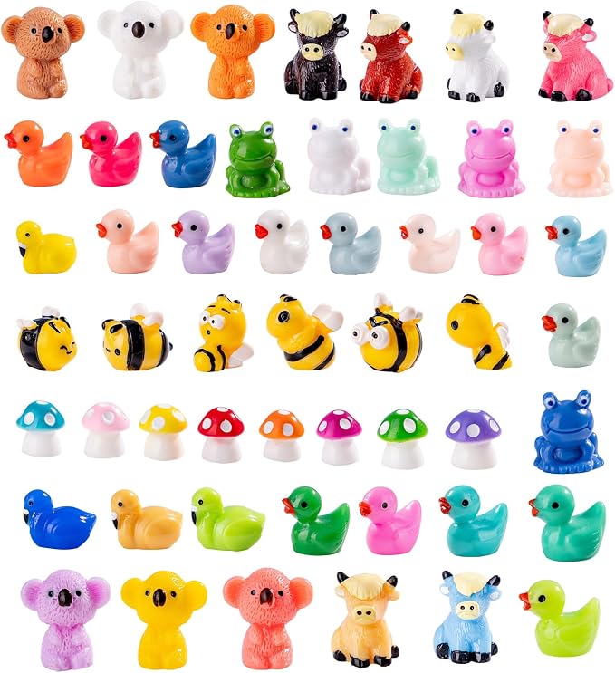 52pcs Mini Resin Animal Figures Bulk Duck Mushroom Frog Tiny Resin Animals Little Small Figures Miniatures for Party Favors Bag Fillers Dollhouse Decor