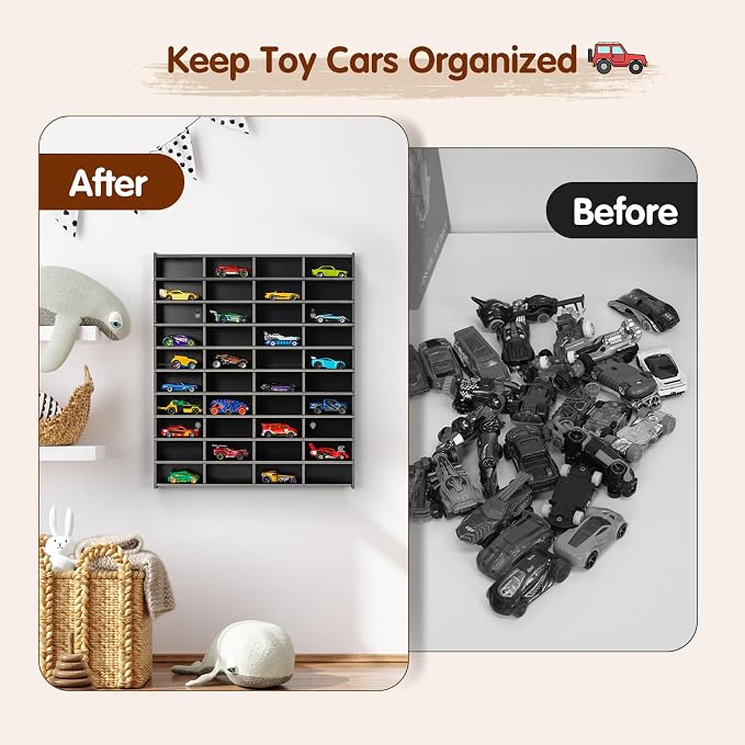 Krafetto Toy Car Display Shelf, Holds 40 Diecast 1/64 Toy Cars, Wall Mount Model Car Storage Organize Case, Black