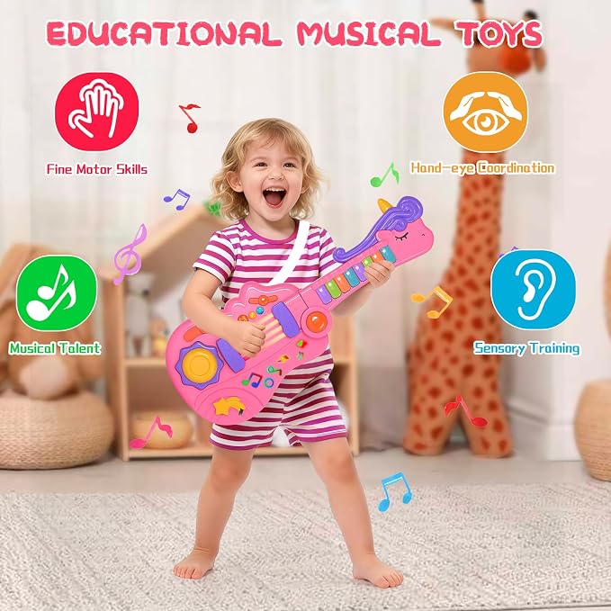 M SANMERSEN 3-in-1 Toddler Guitar Toys for Kids with Piano Drum, Electric Musical Toy with Strap Light Up 3 4 5 Year Old Boys Girls Gifts