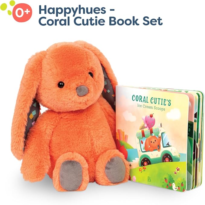 B. toys – 12-Inch Plush Bunny + Board Book Playset – Stuffed Animal – Baby Playset – Toys for Babies – Happy Hues – Coral Cutie – 0+ Months