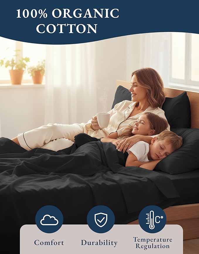 LANE LINEN Queen Sheet Set 100% Organic Cotton Cooling Soft 4pc - Black | Queen Sheets In Pure Long-Staple Organic Cotton - Honest-Price Organic Quality, Crisp, Cool & Breathable, For Hot Sleepers