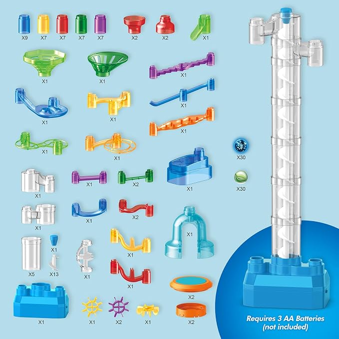 152pcs Glowing Marble Run Kit with Double Tracks Motorized Spiral Lift,2 Stunt Trampolines,30 Glow in The Dark Plastic Marbles & More. Building Project Toys, STEM Gifts for Boys&Girls.