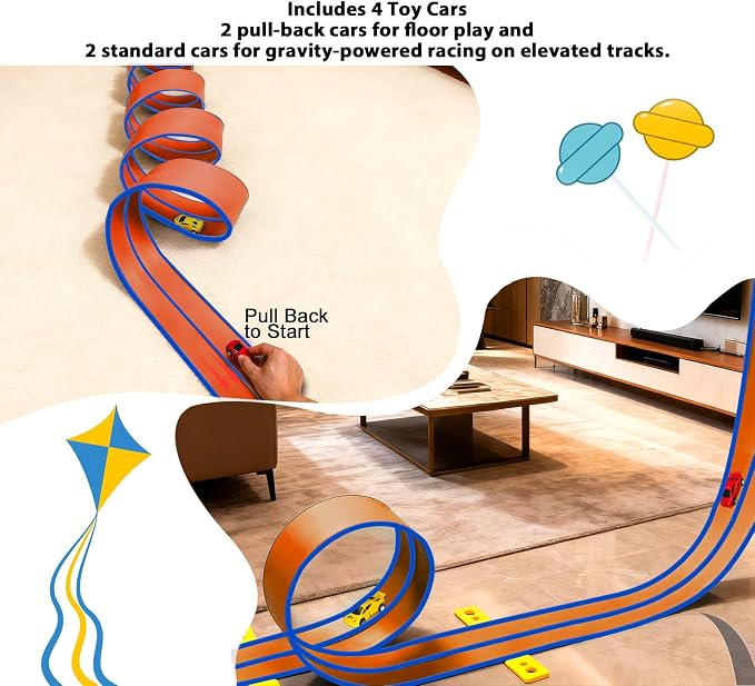 15 Ft Orange Flexible Race Car Track for Kids,Flex Track Starter Set Compatible with Hot Wheels and Diecast 1/64th Cars,Portable Racetrack Roll Up Race Track with 4 Racecars and Suction Cups