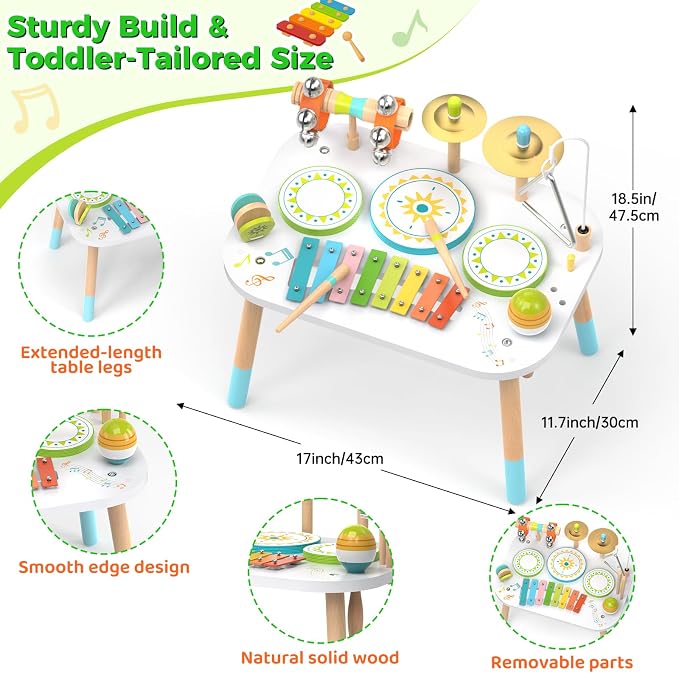 12-in-1 Drum Set for Toddlers 1-3,Baby Musical Instruments Table ,Wooden Montessori Toys with Xylophone,Bongo Drums,Cymbals,Maracas & Wrist Bells,Birthday Gift for 1 2 3 Year Old Boy Girls