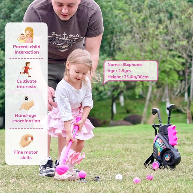 Liberry Toddler Golf Set for Girls Boys 2 3 4 Years Old, Upgraded Kids Golf Cart with Shoulder Strap Design, Outdoor Indoor Sports Toys Birthday Gifts, Black & Pink