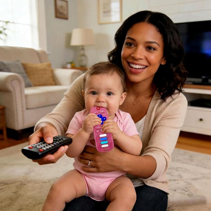 Baby Teething Toys-TV Remote Control Shape Silicone Infants Teething Toys for Babies 0-18 Months,BPA-Free (Pink)