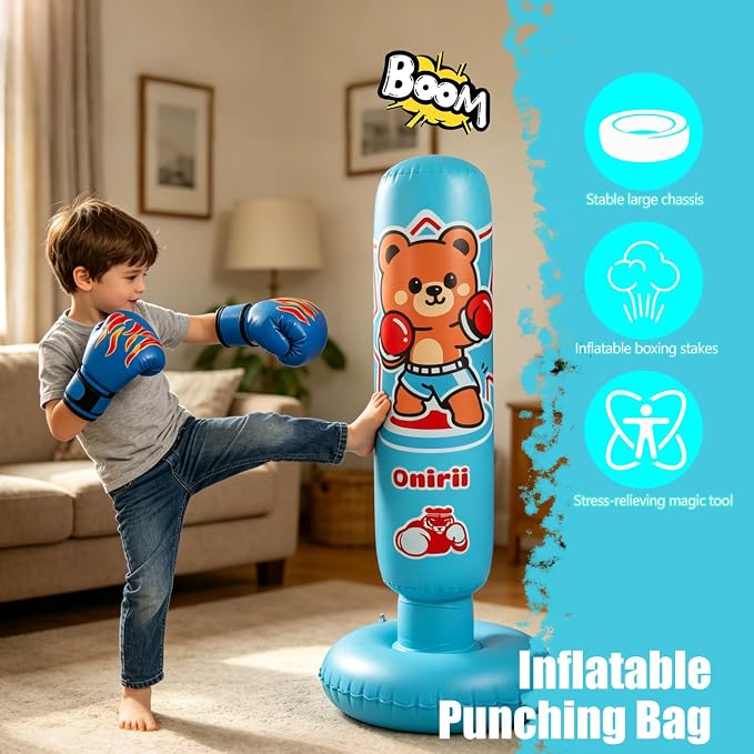 Onirii Kids Inflatable Punching Bag | Large Stable Kids Inflatable Boxing Bag Toy Set with Gloves for Boys & Girls Age 3-12 for Taekwondo,MMA and Practicing Karate