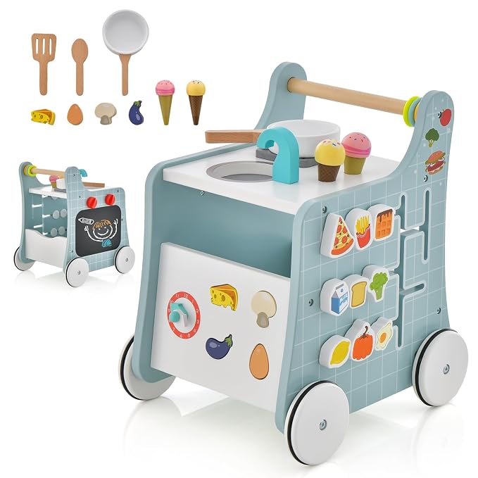 HONEY JOY Baby Push Walker, 6-in-1 Wooden Play Kitchen Walker Activity Center w/Shape Sorter & Blackboard, Develop Motor Skills, Push Toys for Babies Learning to Walk, Gift for Boys and Girls (Blue)