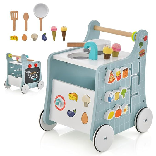 HONEY JOY Baby Push Walker, 6-in-1 Wooden Play Kitchen Walker Activity Center w/Shape Sorter & Blackboard, Develop Motor Skills, Push Toys for Babies Learning to Walk, Gift for Boys and Girls (Blue)