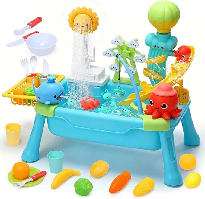 CUTE STONE Toddler Water Table for Kids, Kitchen Sink Toy with Running Water & Fishing Game,Water Play Table for Backyard Beach Pool, Summer Gifts for Boys Girls-Octopus