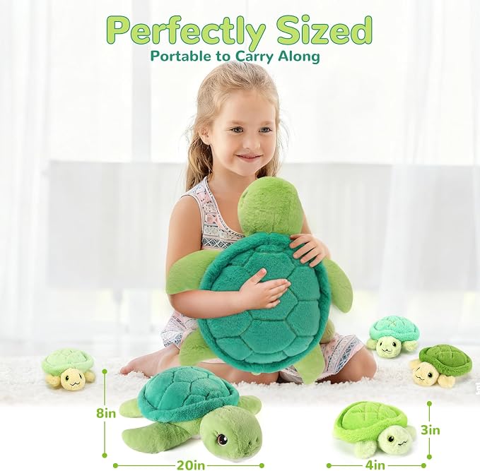 gnomantic Turtle Stuffed Animals with Babies Inside, Mommy Toy for Kids | 5-Piece set: 1 mommy turtle + 4 baby turtles inside. Unzip belly to reveal surprise babies. Ultra-soft, ages 3-8.