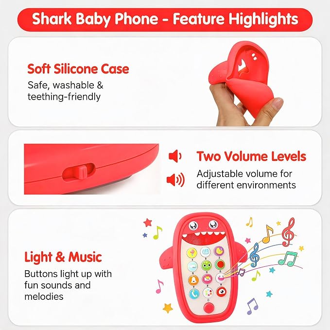 Baby Shark Cell Phone Toy Removable Teether Case, Light, Music Adjustable Volume Kid Play Learn Fake Phone Infant Toddler, Preschool Holiday Birthday Present Gift for Girl Boy 12 Months (Red)