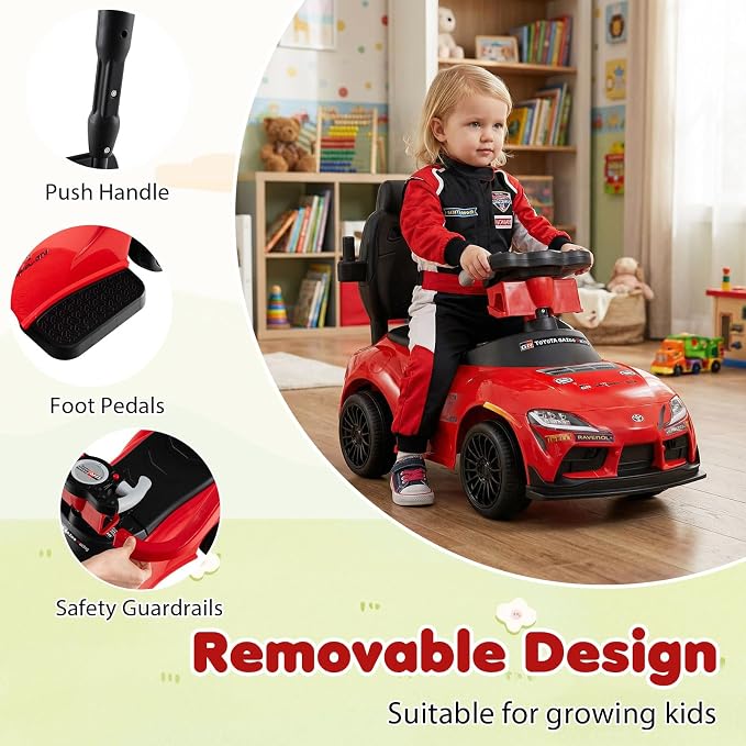Costzon Push Car for Toddlers, 3 in 1 Toyota Licensed Stroller Sliding Walking Car w/Handle, Music, Safety Guardrail, Under-Seat Storage, Foot-to-Floor Kids Ride On Toys for Boys Girls (Red)