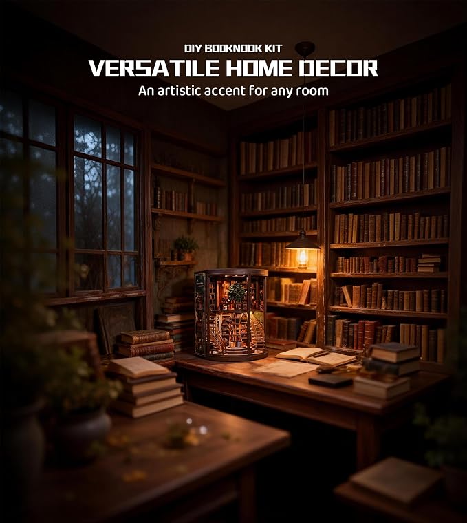 Roroom DIY Miniature House Kit, Wisdom Rings Book Repository Book Nook Kit with LED Light,3D Wooden Puzzle Miniature Dollhouse Kit for Bookshelf Decor-Creative Gift for Family and Friends