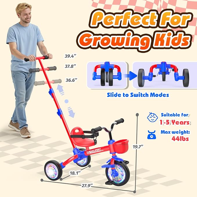 Kkdi 5 in 1 Toddler Bike for 1-5 Year Old, Tricycle with Push Handle, Convertible Baby Balance Bike, Bicycle, Color Light Wheel & Detachable Pedal, 4-Position Seat, Boys Girls Birthday Gift, Toy