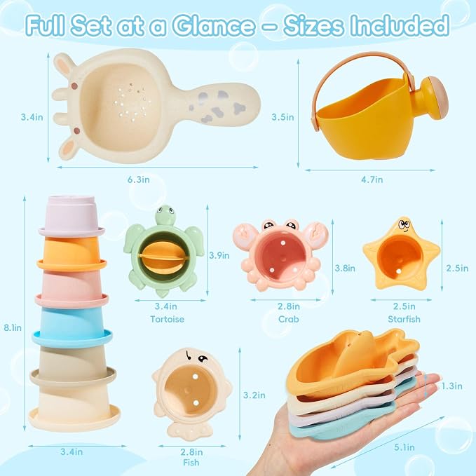 Baby Bath Toys for Kids Ages 1-3, 16PCS Mold Free Bath Toys for Toddler 2-4 & Babies 6-12-18 Months Bath Cups Watering Can Montessori Bathtub Beach Pool Water Table Toys for 1+ Years Old