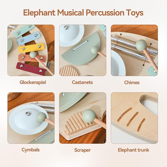 Wooden Elephant Musical Instruments for Toddlers, Baby Xylophone Percussion Instruments Toy for Kids, Montessori Educational Music Toys, Gifts for Girls Boys
