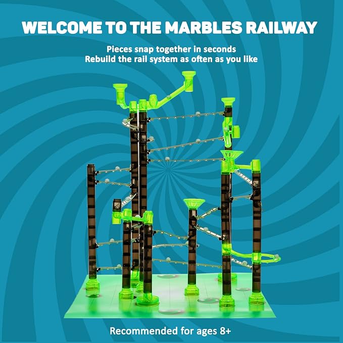 Marble Genius Marble Rails Starter Set, 200 Piece Marble Run for Kids 8+ (30 Marbles, 30 Rail Pieces, 12 Base Pieces & More), STEM, Full-Color Instructions, Great for Kids & Teens