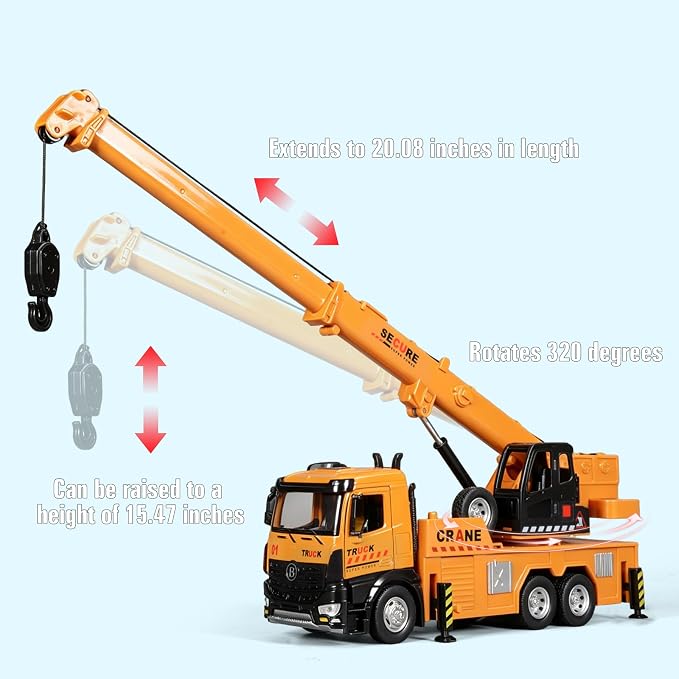 Crane Truck Toy Diecast Metal Cab Construction Truck Toys for Kids Crane Truck Boom that Can Be Raised Lowered Extended Pull Back Toy Crane with Lights and Sounds Crane Toys for Boys Age 4-7